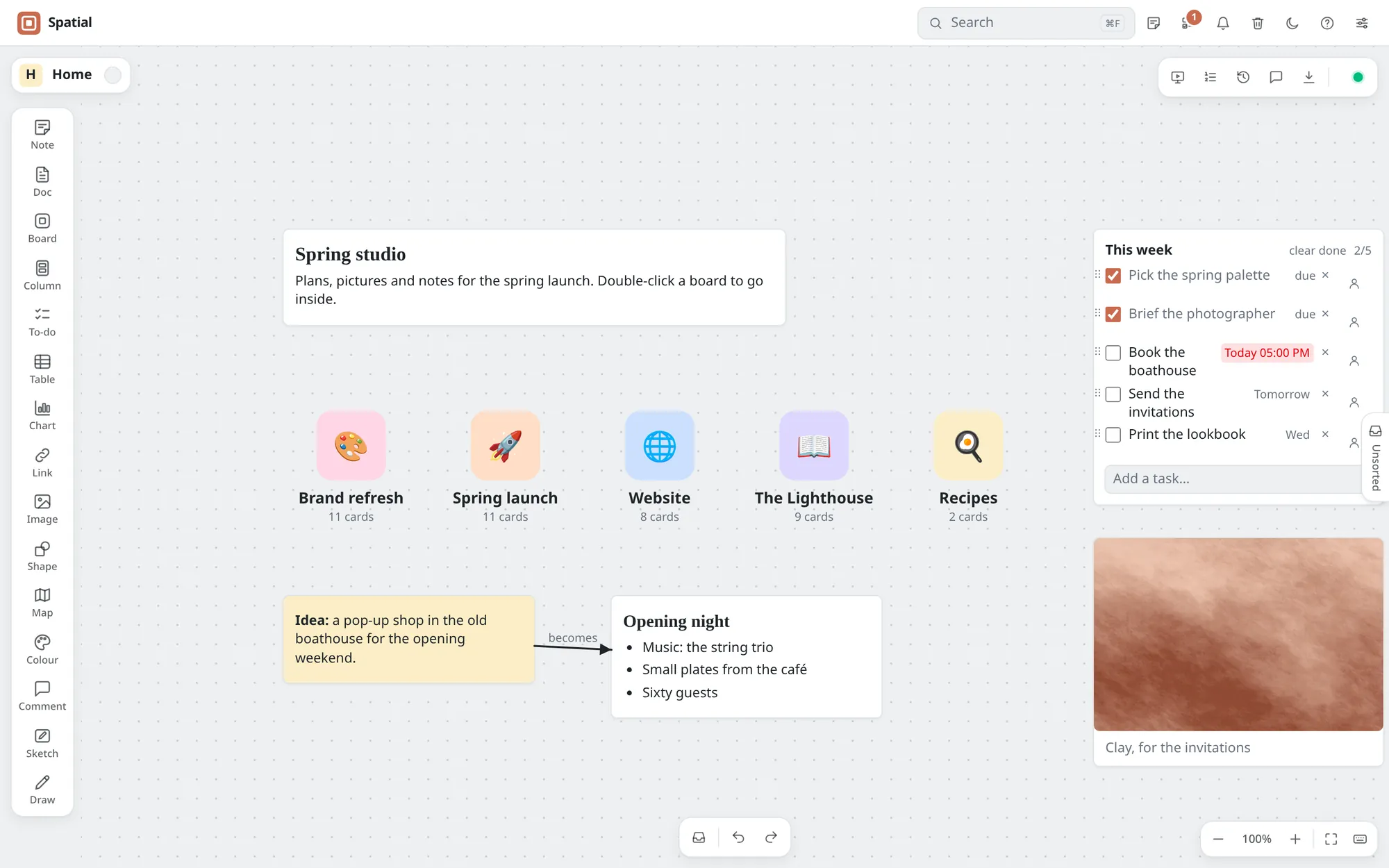 A Spatial board called Spring studio: a heading note, five boards shown as tiles with emoji icons, a to-do list for the week, an idea joined by a line to a note about opening night, and a picture.