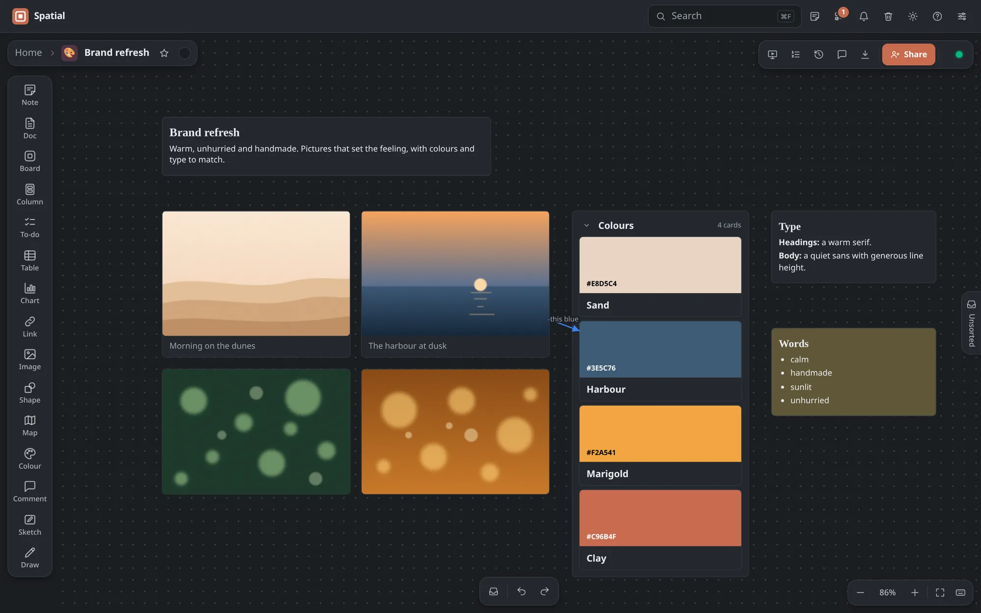 The Brand refresh moodboard in the dark theme.