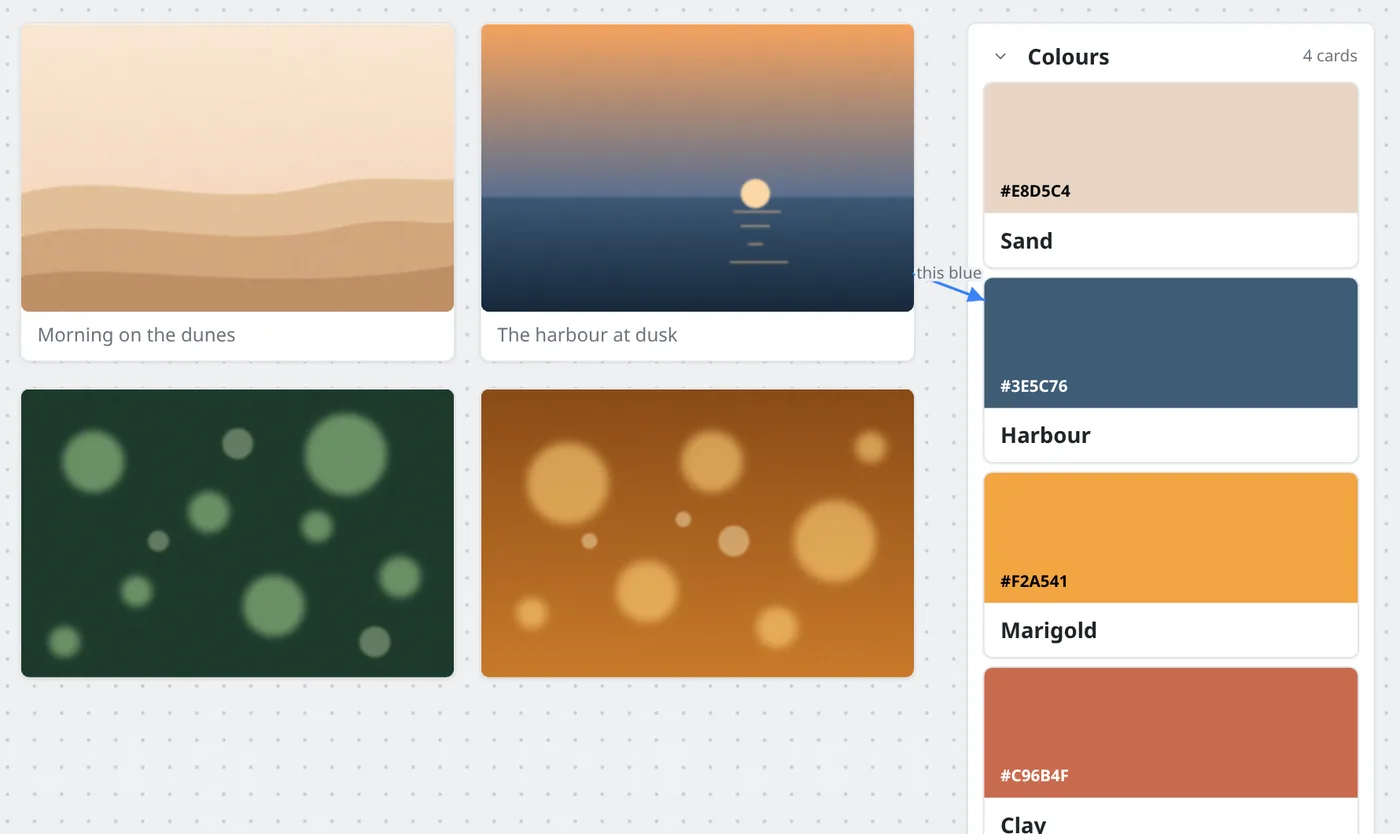 A moodboard called Brand refresh: four pictures of dunes, a harbour at dusk and soft green and golden light, a column of colour swatches, and notes about type and words.