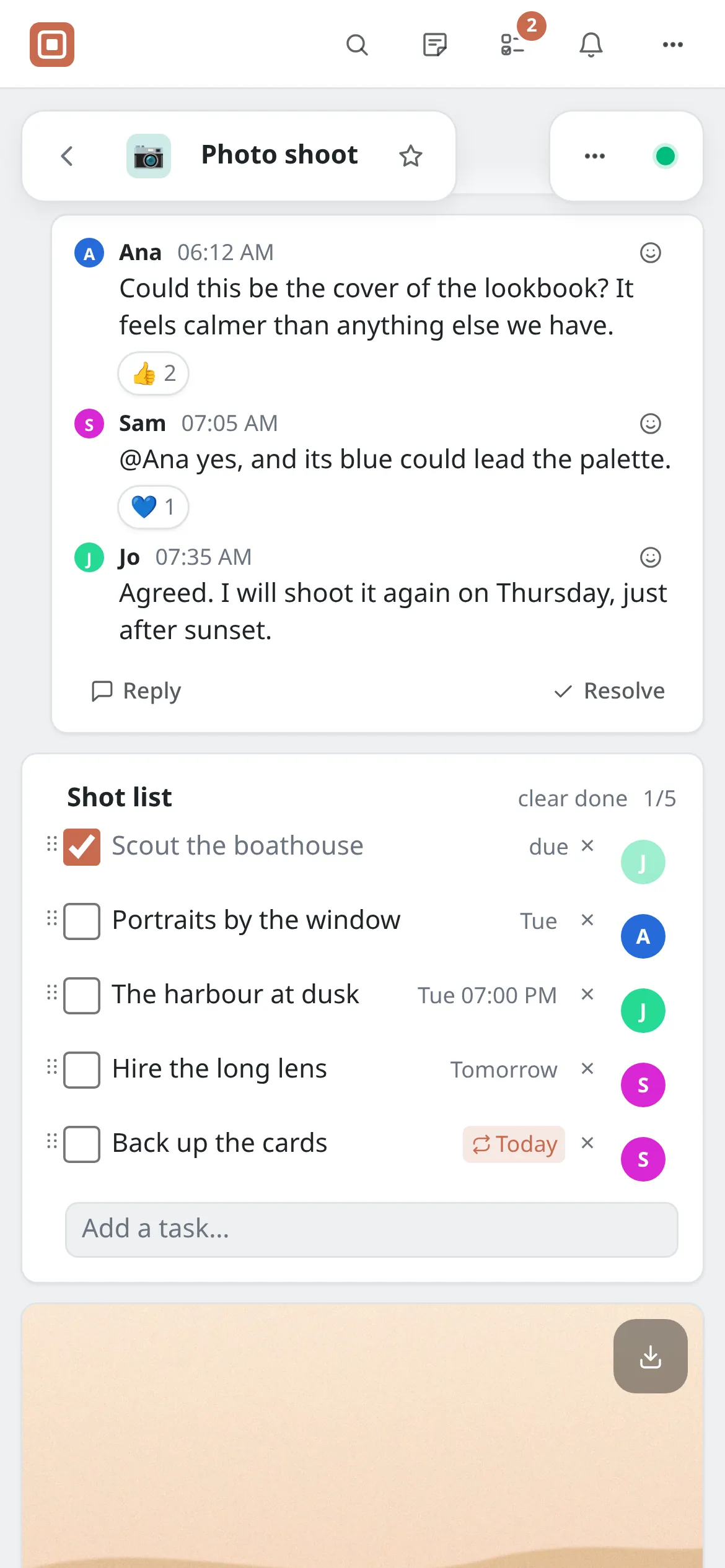 The Photo shoot board in List view on a phone: the comment thread, then the shot list with boxes to tick, then a picture.