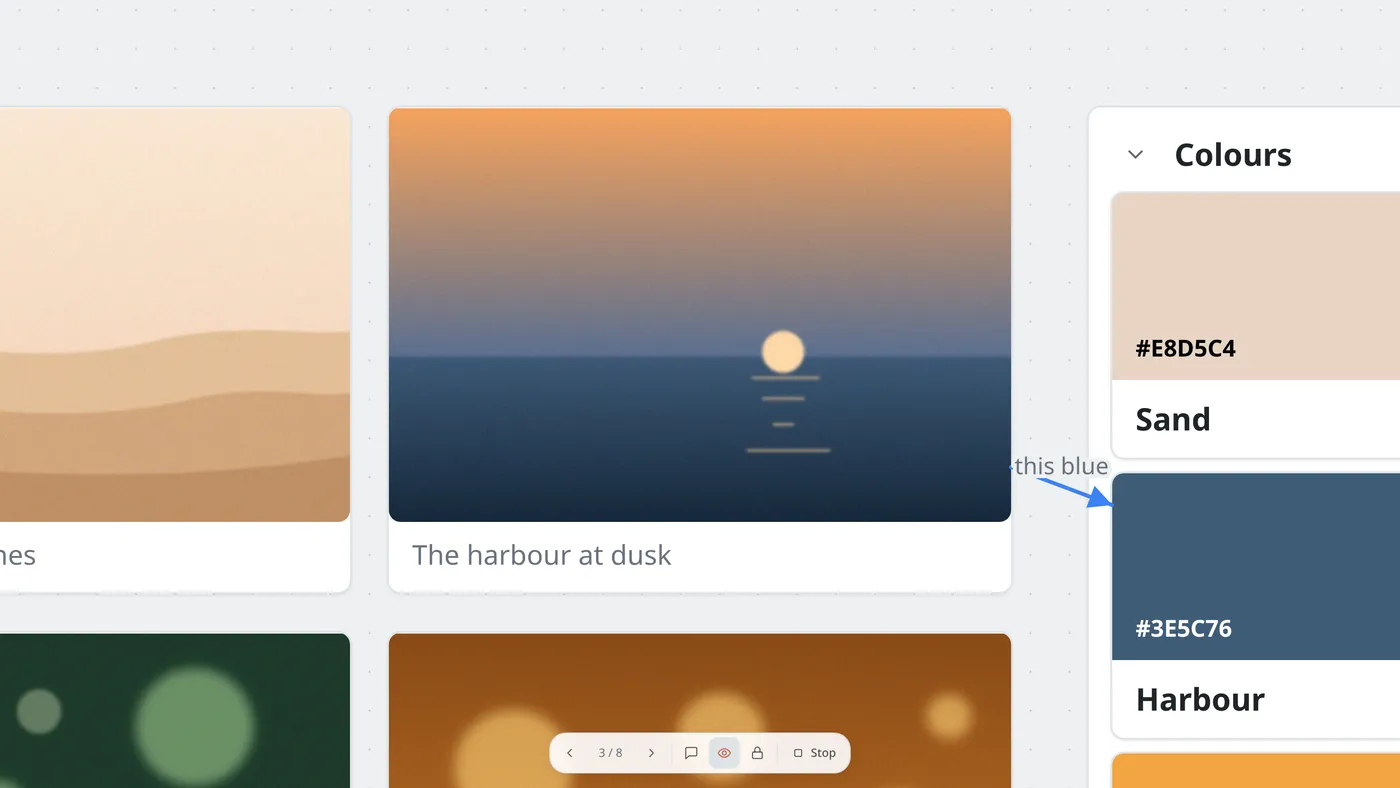 The Brand refresh moodboard being presented: the picture of the harbour at dusk brought to the middle of the screen, larger, with the presenting bar below it at slide 3 of 8.